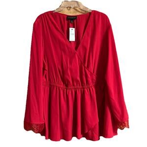 Womens Lane Bryant V-Neck Blouse Tunic Snap Closure Long Flare Sleeve Red Sz 16